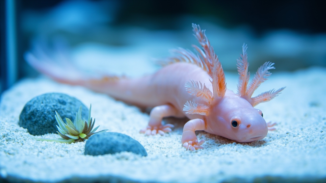 Leucistic pink axolotl with feathery gills on fine white sand in a cool aquarium