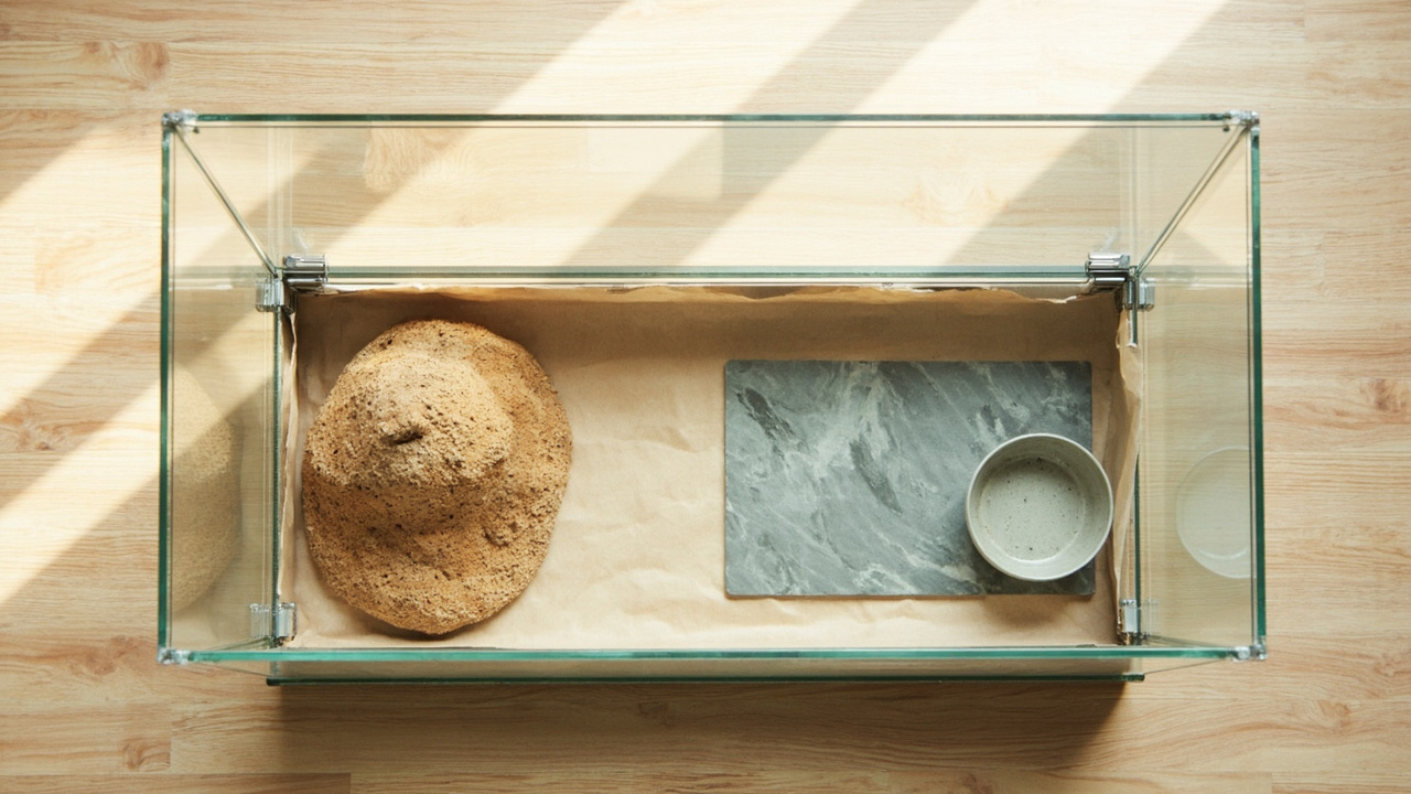 Top-down view of a long glass reptile enclosure on a wooden floor, with a porous rock hide on the left and a flat slate basking slab holding a small water dish on the right