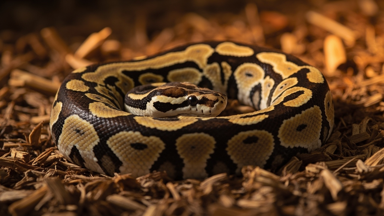 Adult ball python full body — thick black-and-brown blotched pattern on a cream base, heat-pit-studded snout, coiled loosely on substrate
