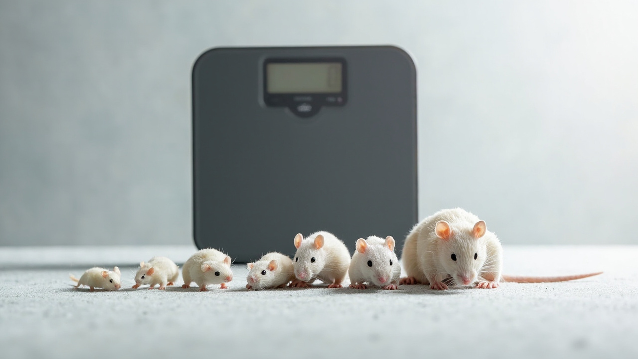 White feeder rodents from smallest to largest lined up in front of a black digital scale