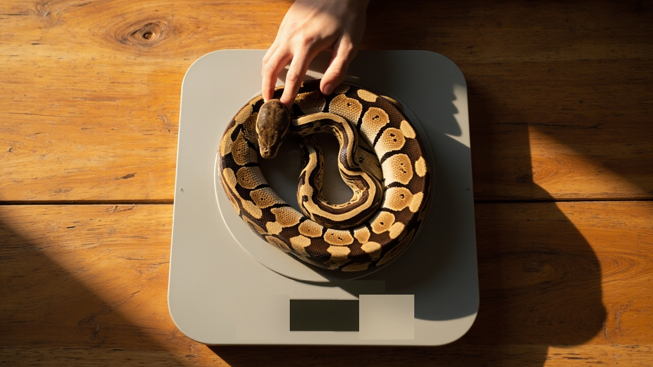 Adult ball python coiled in a bowl on a digital kitchen scale while a keeper steadies the coil