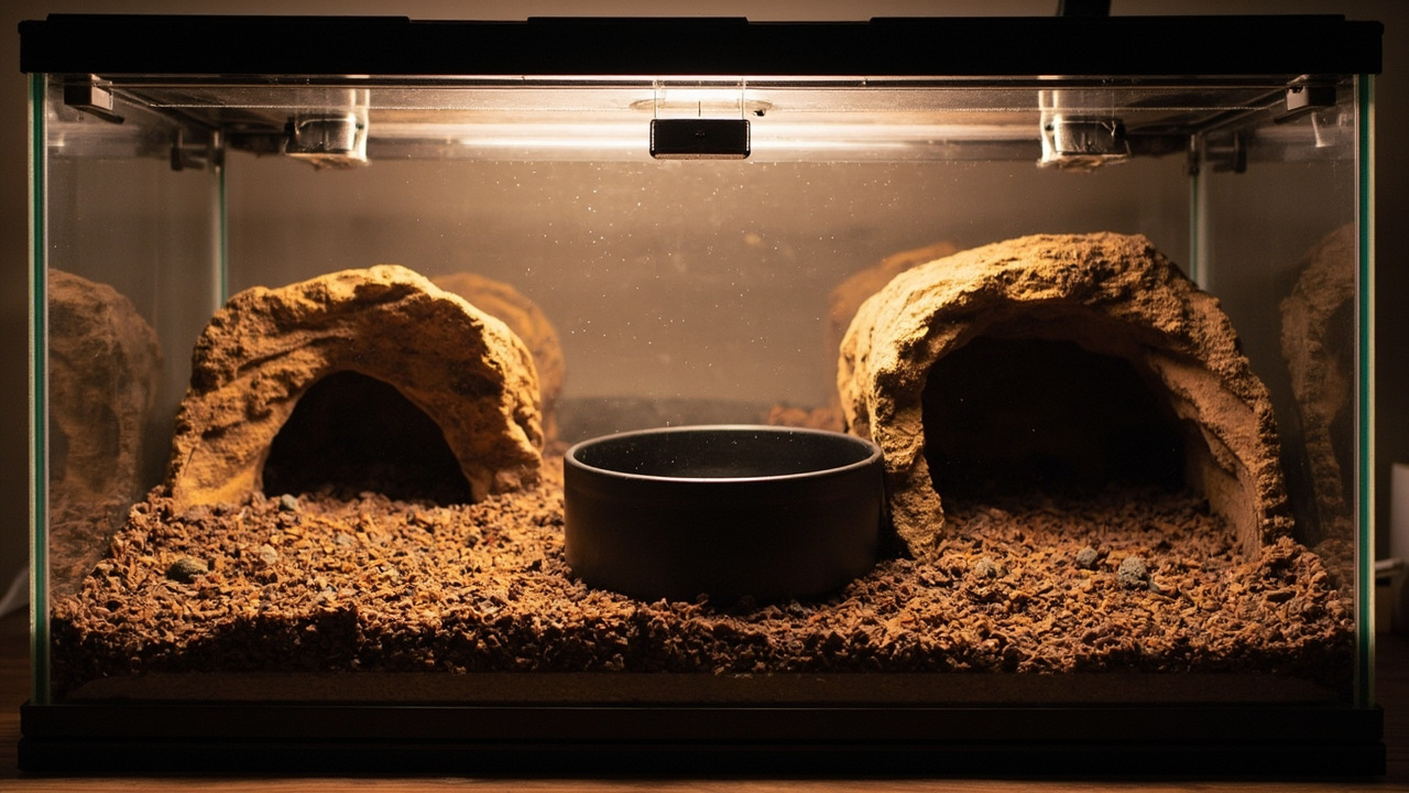Adult ball python enclosure layout — front-opening 36x18 terrarium with a snug warm-side hide above the heat mat, cool-side hide, large water bowl, and deep coconut fiber substrate