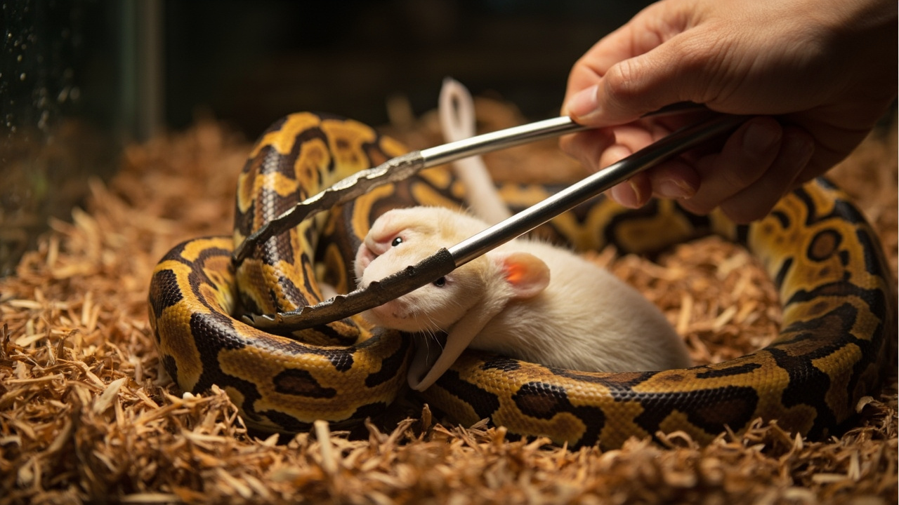 Ball python constricting a frozen-thawed rat offered on long feeding tongs — prey width matched to the thickest part of the snake's body