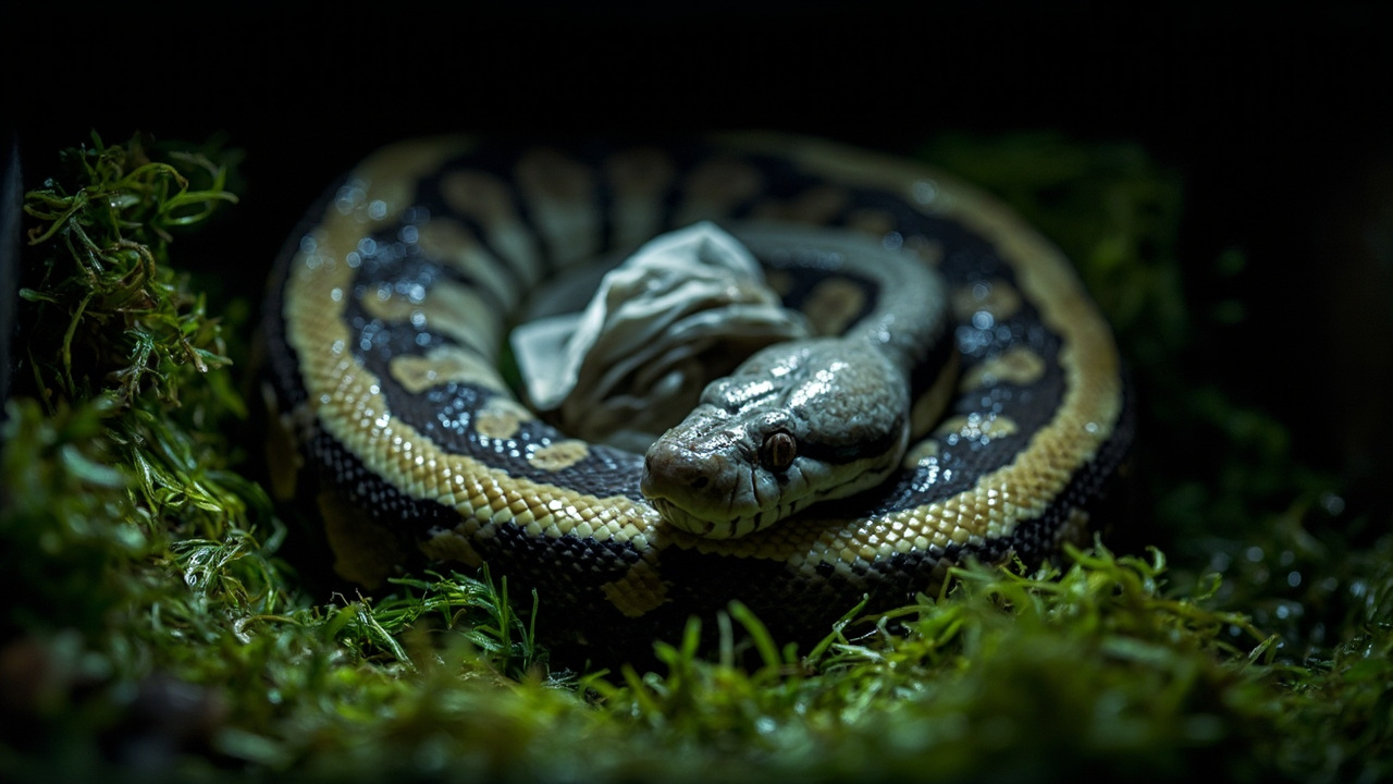 Ball python shedding — dull gray-blue skin peeling away in one piece from head to tail, with a humid hide lined with damp moss in the background