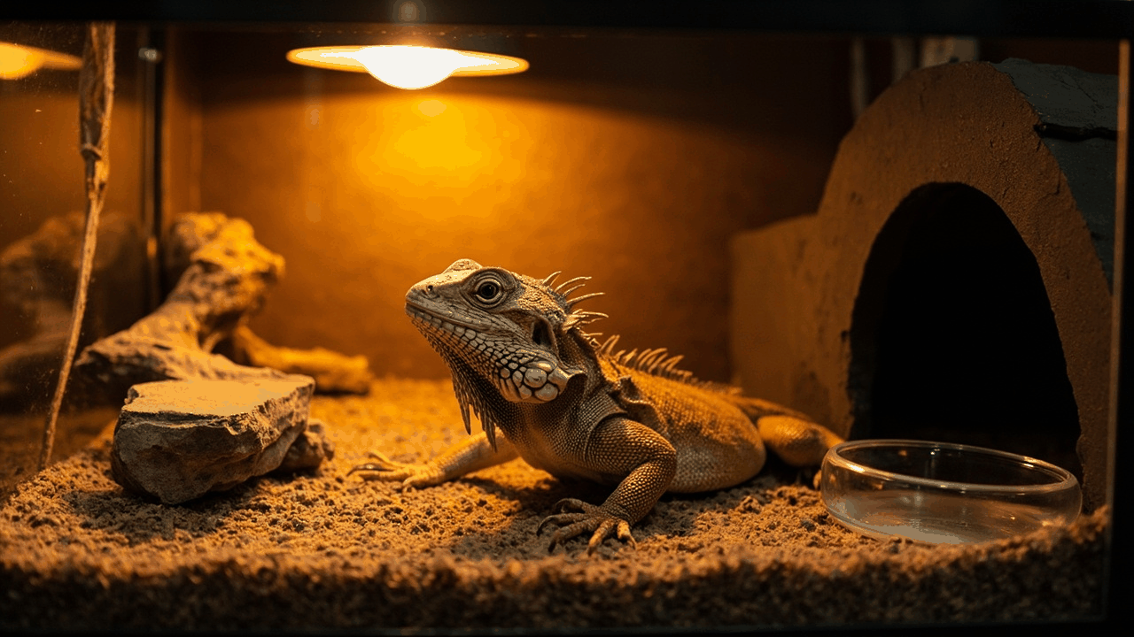 Adult bearded dragon 4x2x2 enclosure layout — raised basking branch and rock under the heat lamp on the warm side, cool-side hide and shallow water dish on the opposite end
