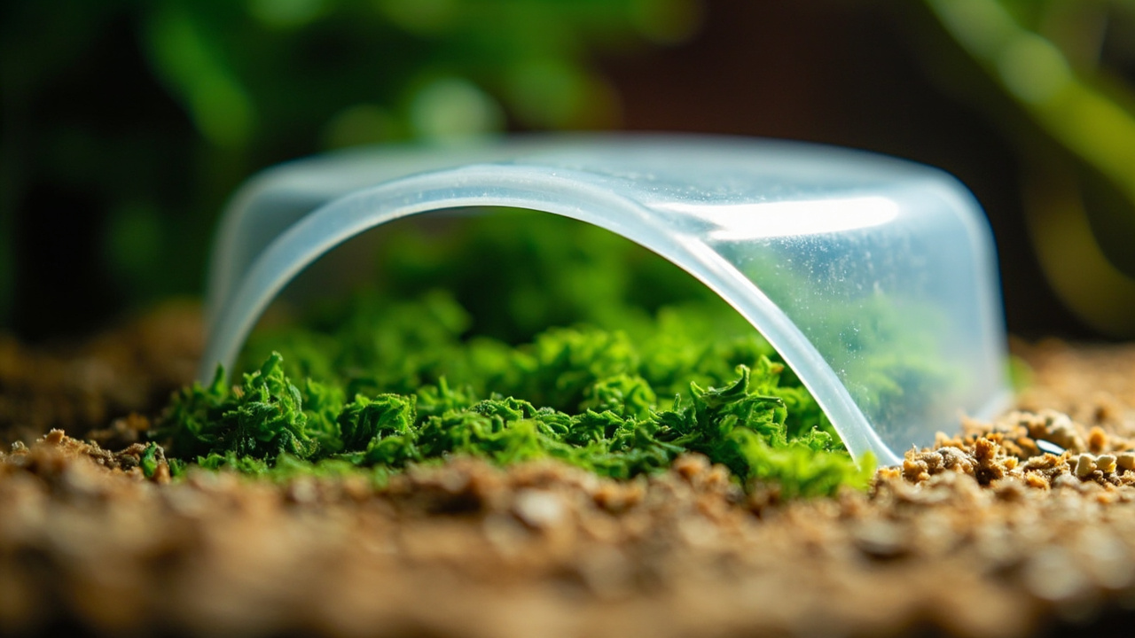 A humid hide setup on the cool side of a bearded dragon enclosure — small plastic container with sphagnum moss, entrance hole facing outward