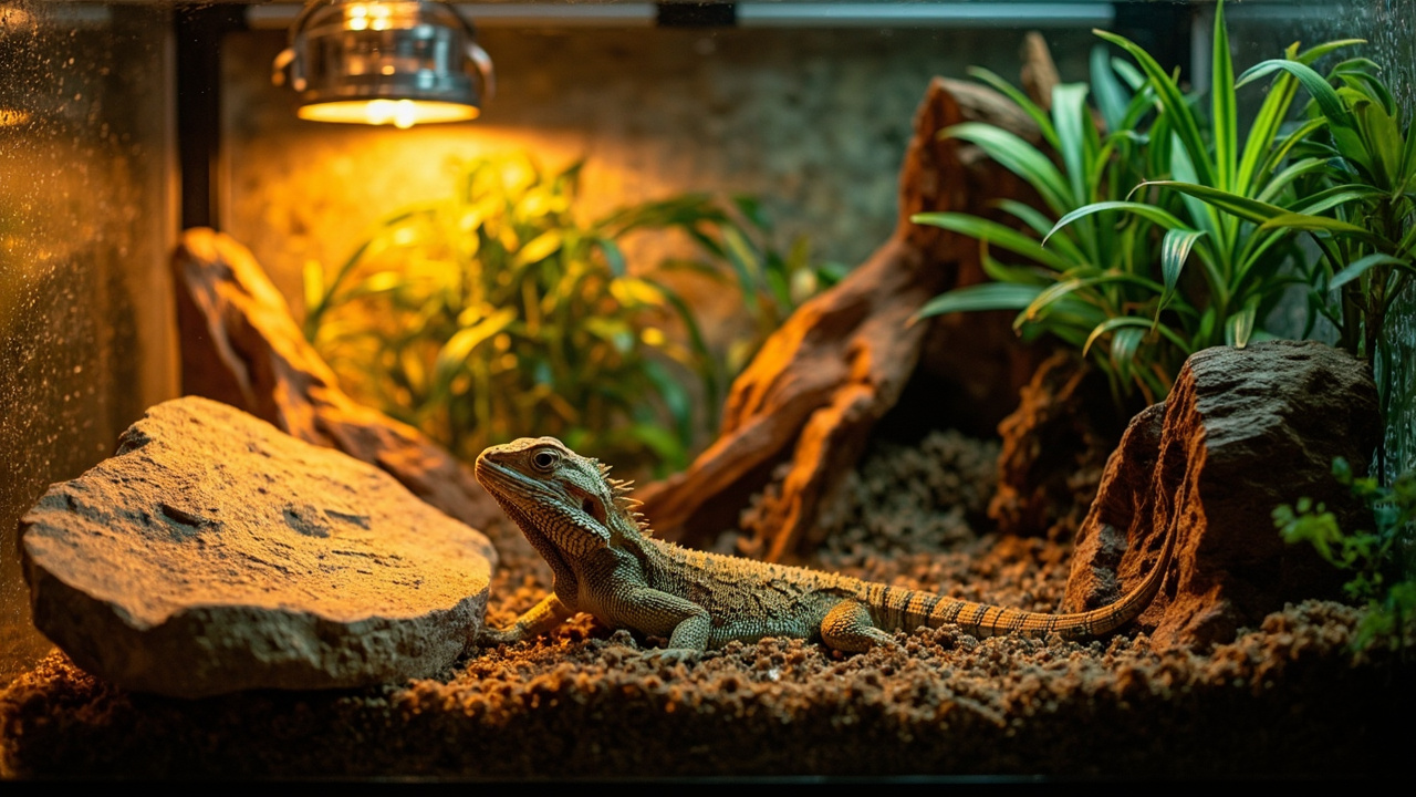Quick-reference humidity zones across a bearded dragon enclosure — basking side dry, cool side moderate, night spike gentle