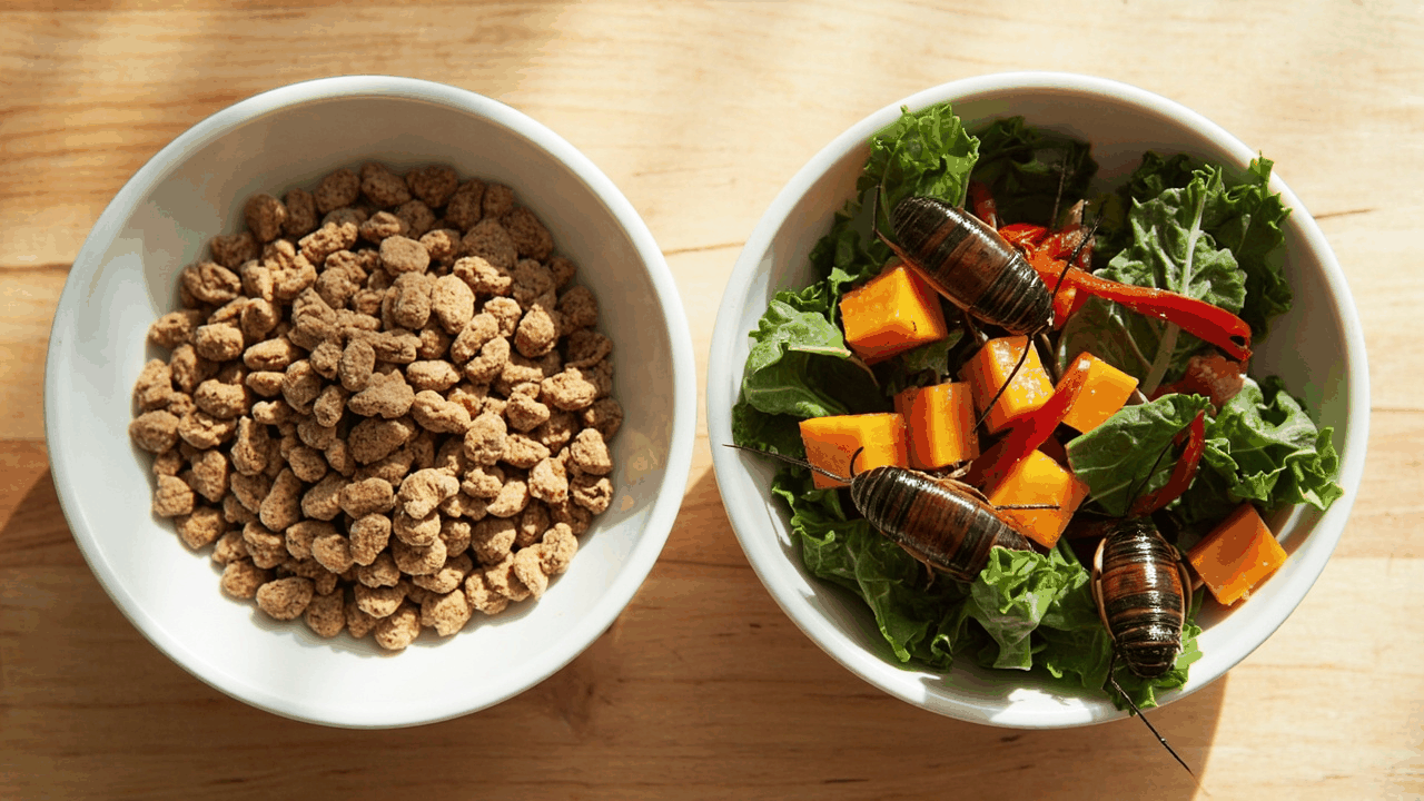 Bearded dragon food comparison — a shallow dish of brown extruded pellets on the left versus a fresh salad of collard greens, squash, and bell pepper with dubia roaches on the right