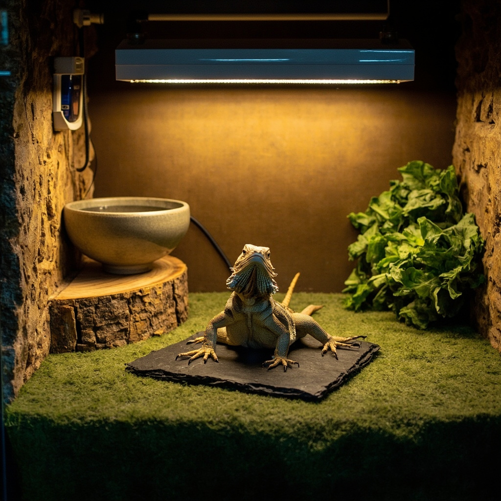 Top-down bearded dragon enclosure with basking side, cool hide, heat lamp, and a 5-dot temperature gradient