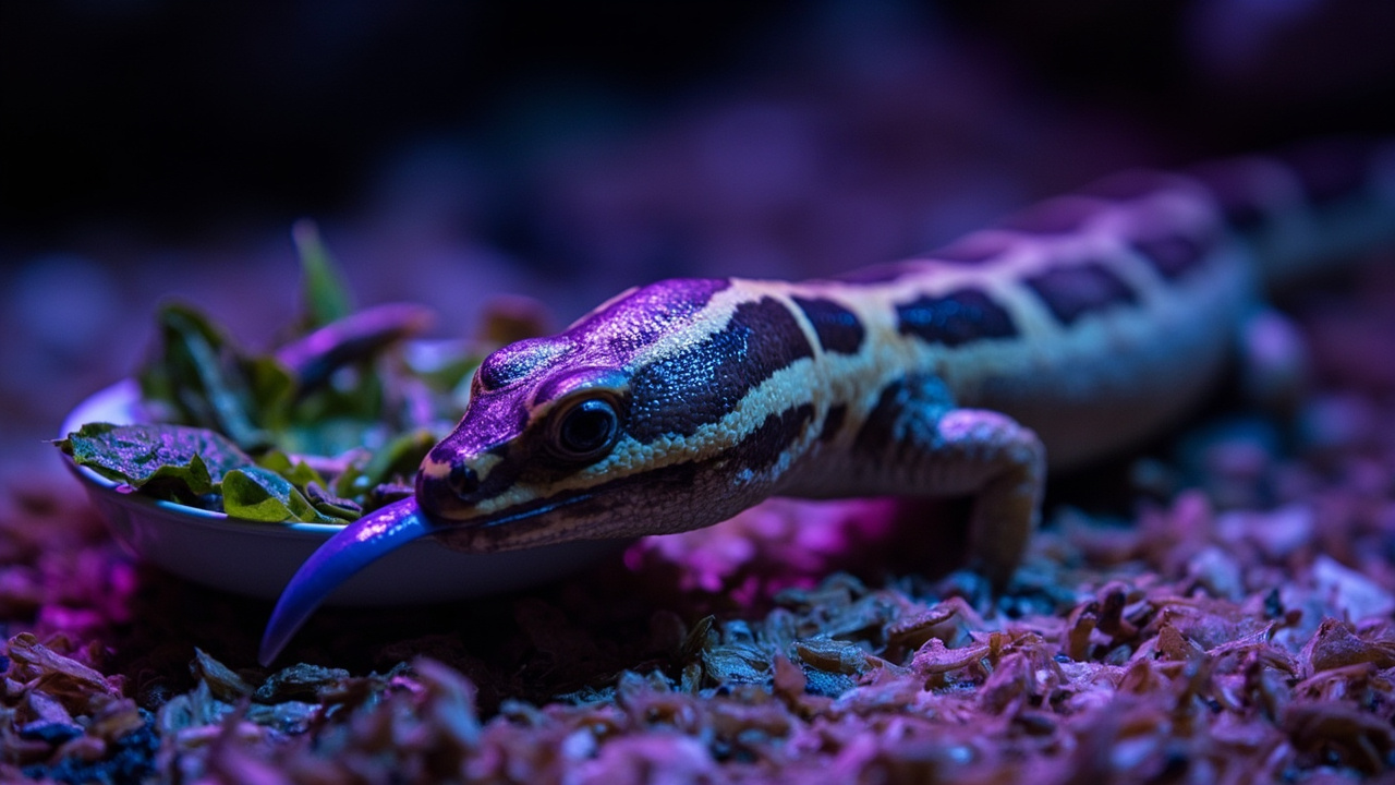 Blue tongue skink eating from a dish under the violet glow of a T5 HO 10.0 UVB tube — UVB-driven vitamin D3 synthesis lets the gut absorb calcium from dusted insects and high-calcium collard greens