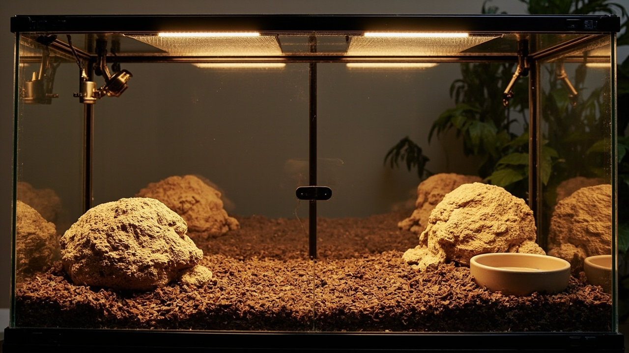 Blue tongue skink enclosure setup — a 36x18x18 front-opening glass terrarium with a deep coconut fiber substrate, a heavy water dish on the cool side, and one large hide at each end