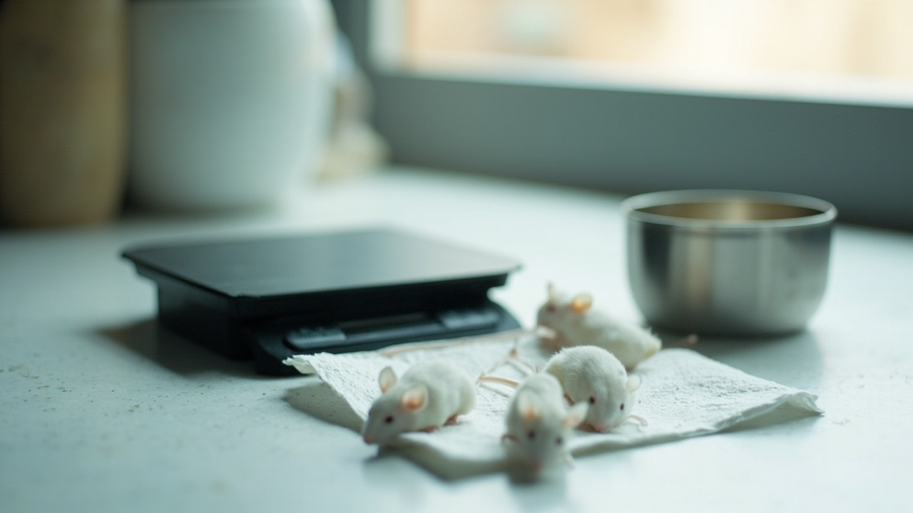 A digital kitchen scale beside a row of feeder rodents on a paper towel next to a small stainless steel bowl