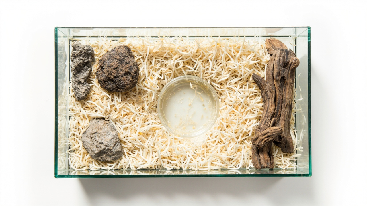 Front-opening glass corn snake terrarium with aspen, two rock hides, water bowl, and branch