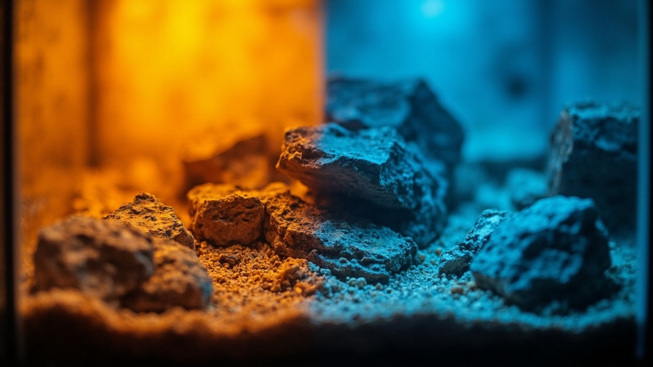 Warm-cool temperature gradient in a corn snake enclosure: warm amber light over heat-pad side on left, cool blue tones over hide cave on right