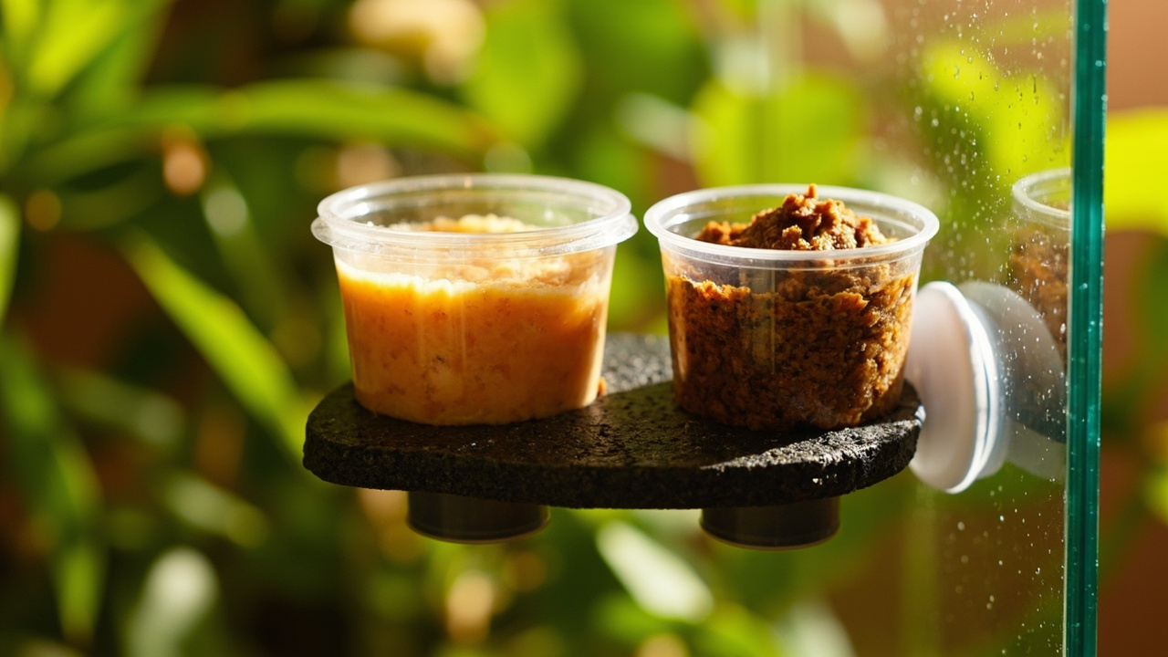 Crested gecko complete diet cups on a magnetic feeding ledge