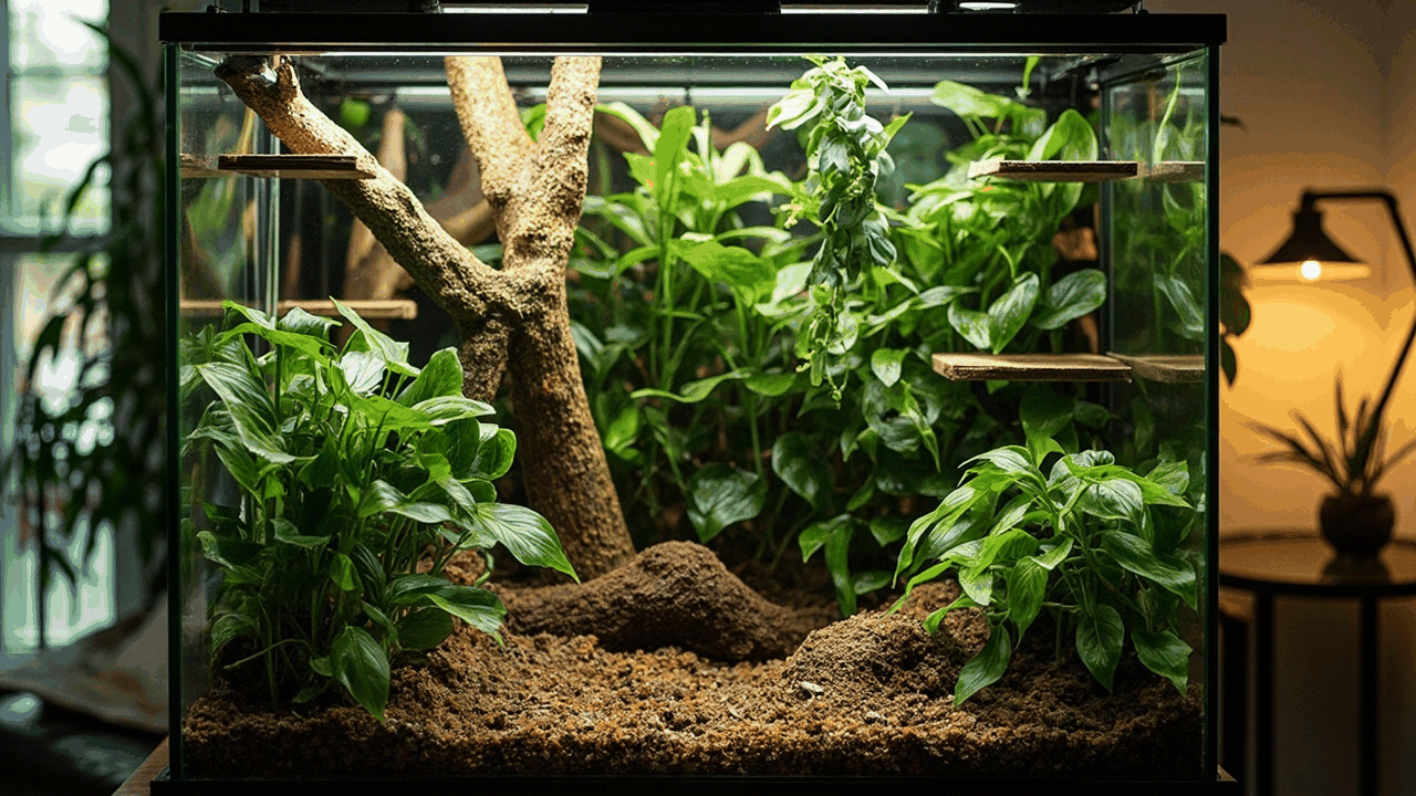 Crested gecko vertical enclosure with climbing branches and plants