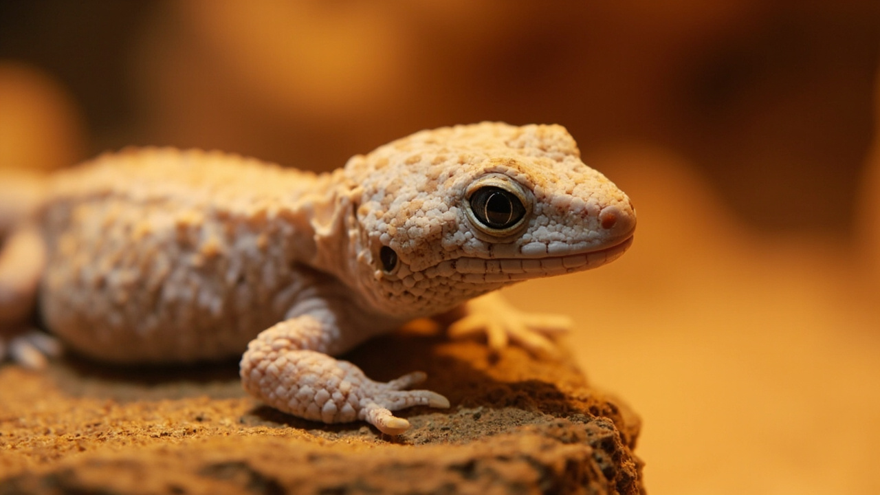 Leopard gecko resting on sandstone rock in a warm terrarium