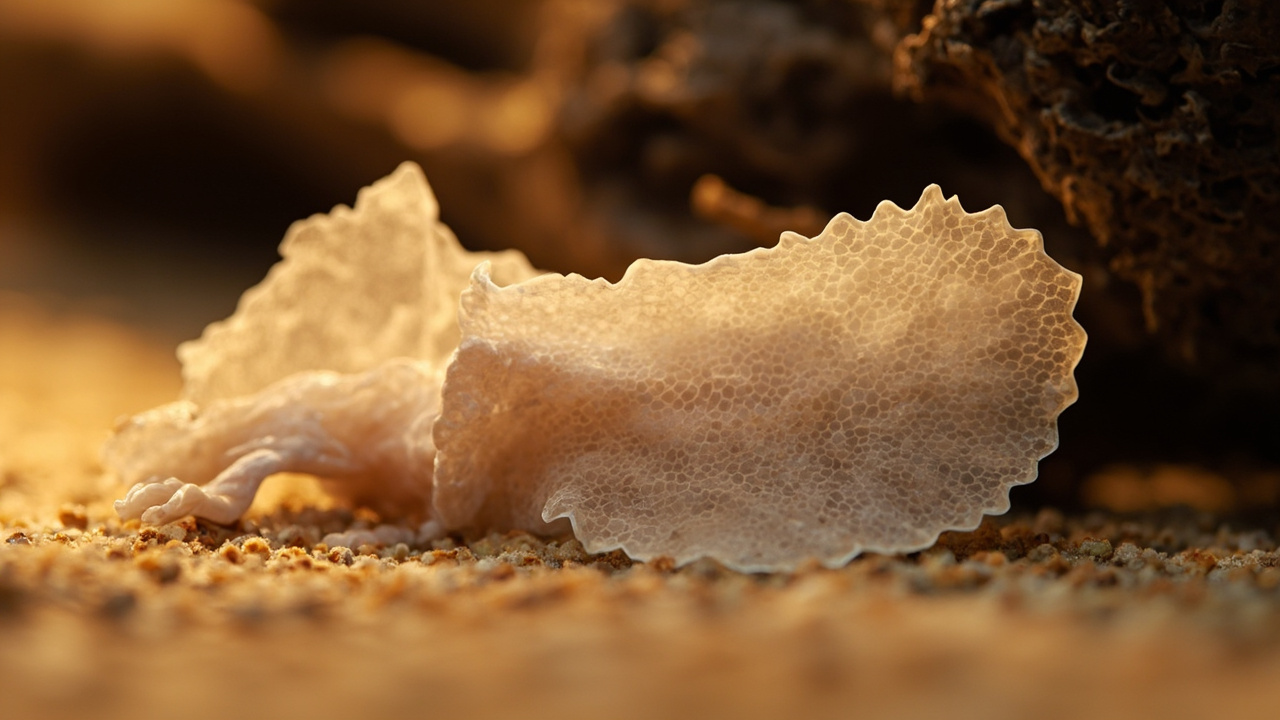 Complete leopard gecko shed skin showing translucent full-body piece with visible toe and tail outlines