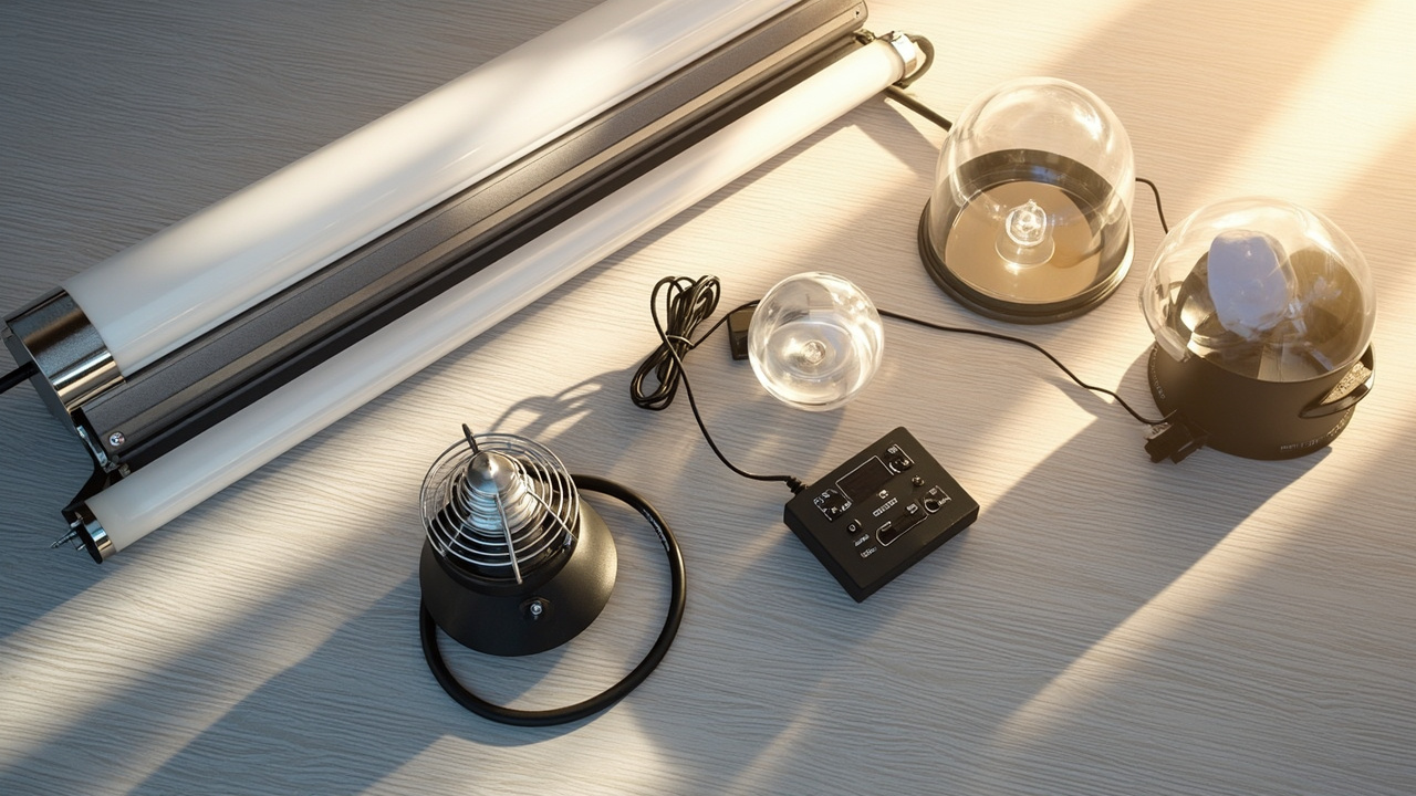 Reptile heating and lighting equipment: UVB T5 tube fixture, heat lamp dome, thermostat, basking bulb